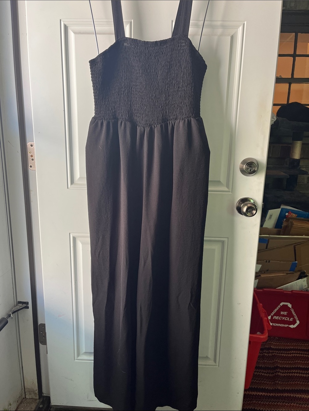Black Smocked Bodice Jumpsuit with Wide Straps